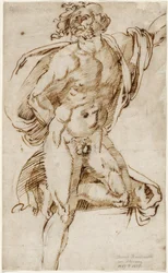 Männlicher Akt, der auf einem Knie in einer Kontrapost-Pose lehnt (Studie im Zusammenhang mit dem Laokoon), um 1520-25